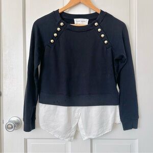 Guest Editor Anthropologie Black Sweatshirt White Shirt Hem Gold Buttons Size XS